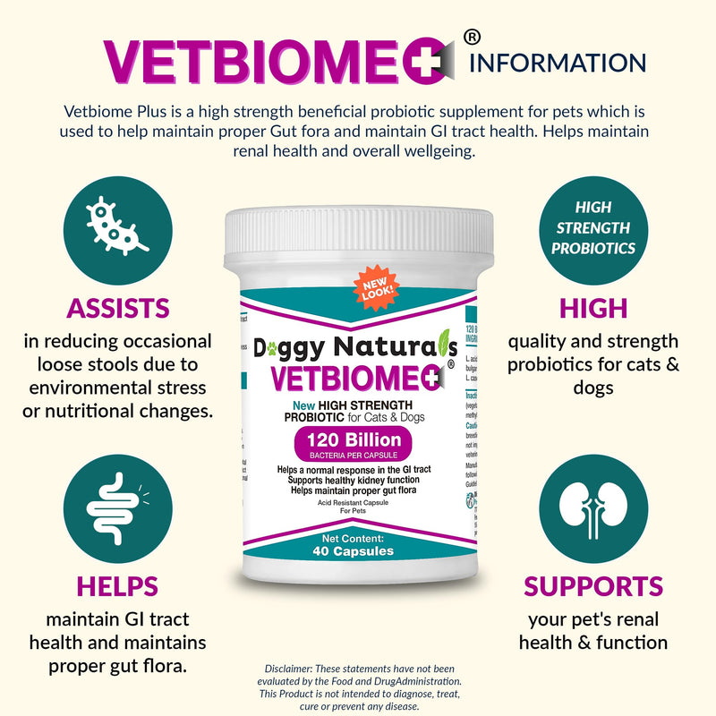 Vetbiome +® Plus High Strength Probiotics for Pets (40 Capsules) - 120 Billion CFU, 9 - Strain Formula – Third Party Tested - Made in U.S.A