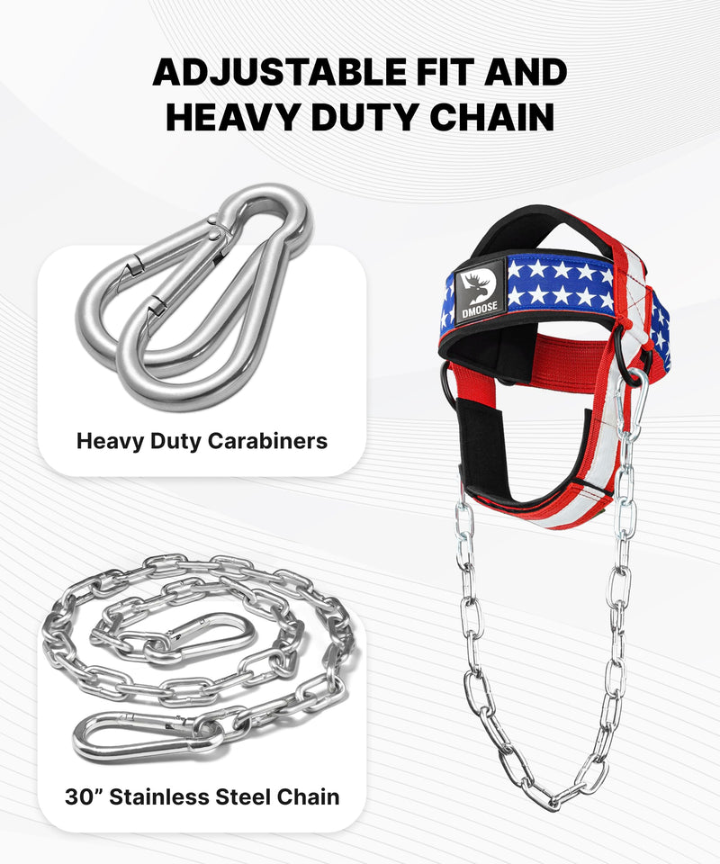 DMoose Fitness Neck Harness for Weight Lifting - Soft Padded Head & Chin Strap with 30" Heavy Duty Steel Chain - Neck Exerciser, Trainer & Strengthener to Support Injury Recovery and Intense Workouts With Support Strap American