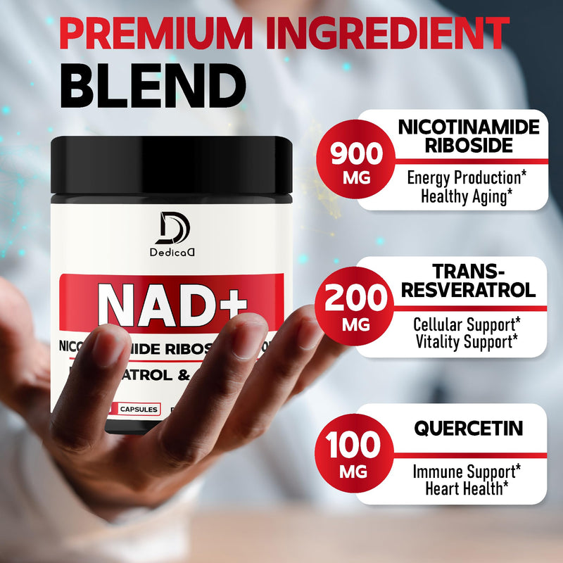DEDICAD NAD Supplement with Nicotinamide Riboside, Trans-Resveratrol, Quercetin - Cellular Energy & Repair, Vitality, Healthy Aging - 60 Count 60 Count (Pack of 1)