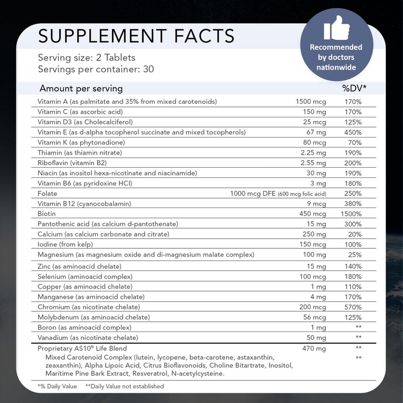 AS 10 Life, 60 Ct - Daily A-Z Stress and Immune Support Supplement | The premium NASA codeveloped anti-aging formula with Resveratrol, Alpha Lipoic Acid, Astaxanthin, and BioRelease technology