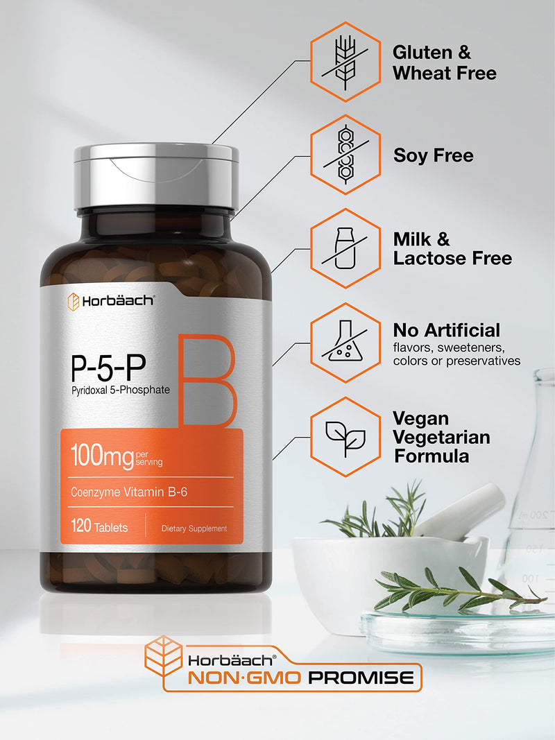 Horbäach P5P Activated Vitamin B6 100mg | 120 Vegetarian Tablets | Non-GMO, Gluten Free Supplement | Pyridoxal 5 Phosphate | Coenzyme B6