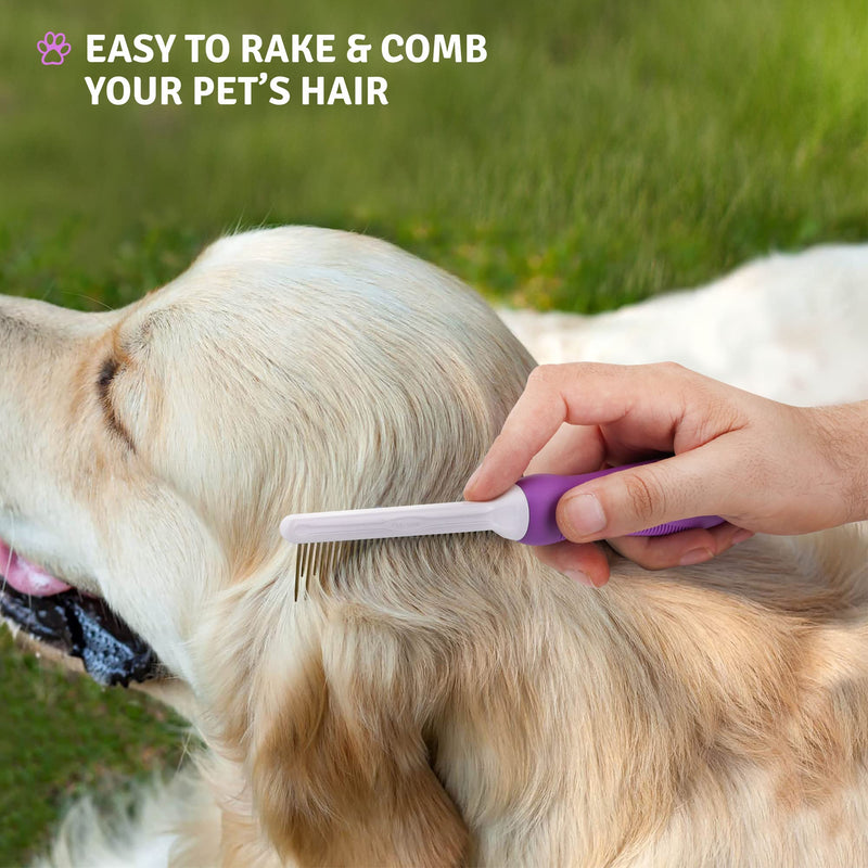 Poodle Pet Detangling Pet Comb with Long & Short Stainless Steel Teeth for Removing Matted Fur, Knots & Tangles – Detangler Tool Accessories for Safe & Gentle DIY Dog & Cat Grooming Purple - BeesActive Australia