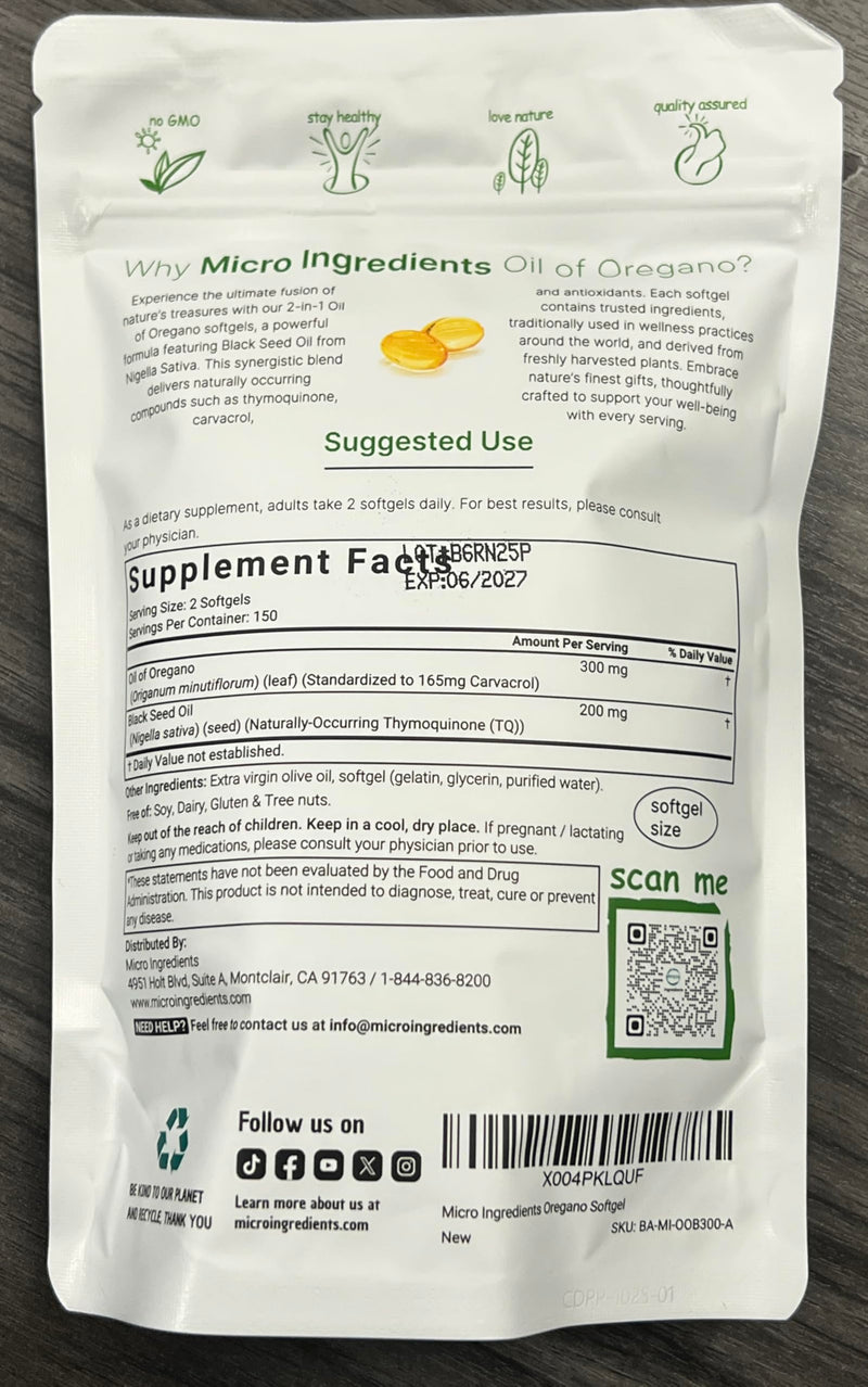 Micro Ingredients Oil of Oregano Softgels, 300 Count | 2 in 1 Formulated with Black Seed Oil, 4X Strength Carvacrol & Thymoquinone | Plant Based, Non-GMO, & Immune Support 300 Count (Pack of 1)