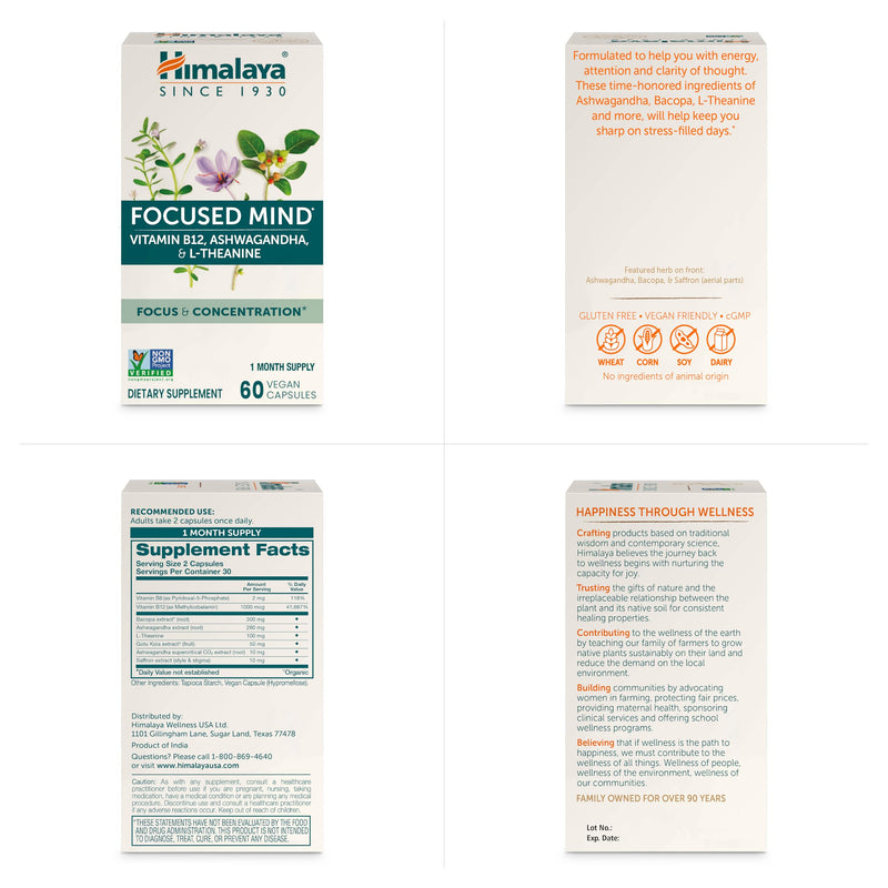 Himalaya Focused Mind Supplement with L-theanine & Vitamin B12, 60 Capsules | Focus & Energy Support with herbs like Ashwagandha & Bacopa for Attention, Brain Supplements for Memory & Focus, Gluten Free