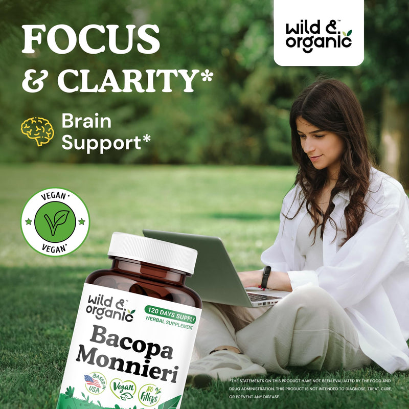 Wild & Organic Bacopa Monnieri Capsules 600 mg - Brain Support - Natural Bacopa Supplements - Brahmi Capsules - 120 Days of Supply - Vegan, No Fillers, Non-GMO - 120 Count