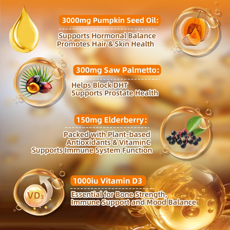 300 Capsules Cold Pressed Pumpkin Seed Oil with Saw Palmetto, Vitamin D3 & Elderberry – Virgin Oil, Supports Prostate, Hair & Urinary Health (Aceite de Semilla de Calabaza)