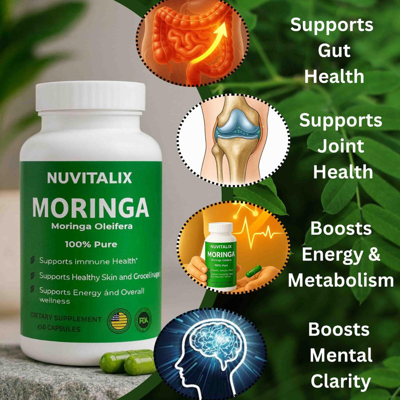 60 Moringa Pure Capsules | Organic Moringa Leaf Extract Supplement | Boost Energy, Skin, Immunity, Mental & Gut Health | Vegan Green Superfood 1