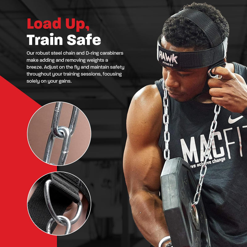 Hawk Sports Neck Harness for Men and Women with Adjustable Neck Strap and 30" Steel Chain for Safely Lifting Weights Up to 150 lbs., Neck Exercise Equipment for Muscle Growth and Strength Training Black