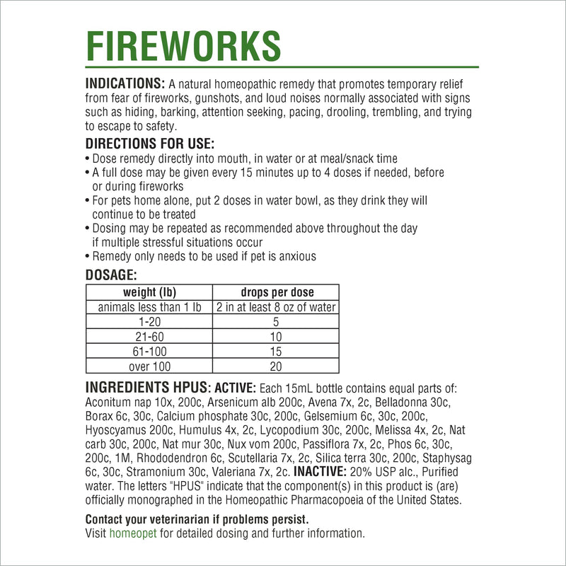 HomeoPet Fireworks, Safe and Natural Loud-Noise-Anxiety Calming Supplement for Cats, Dogs, and Other Small Animals, 15 Milliliters