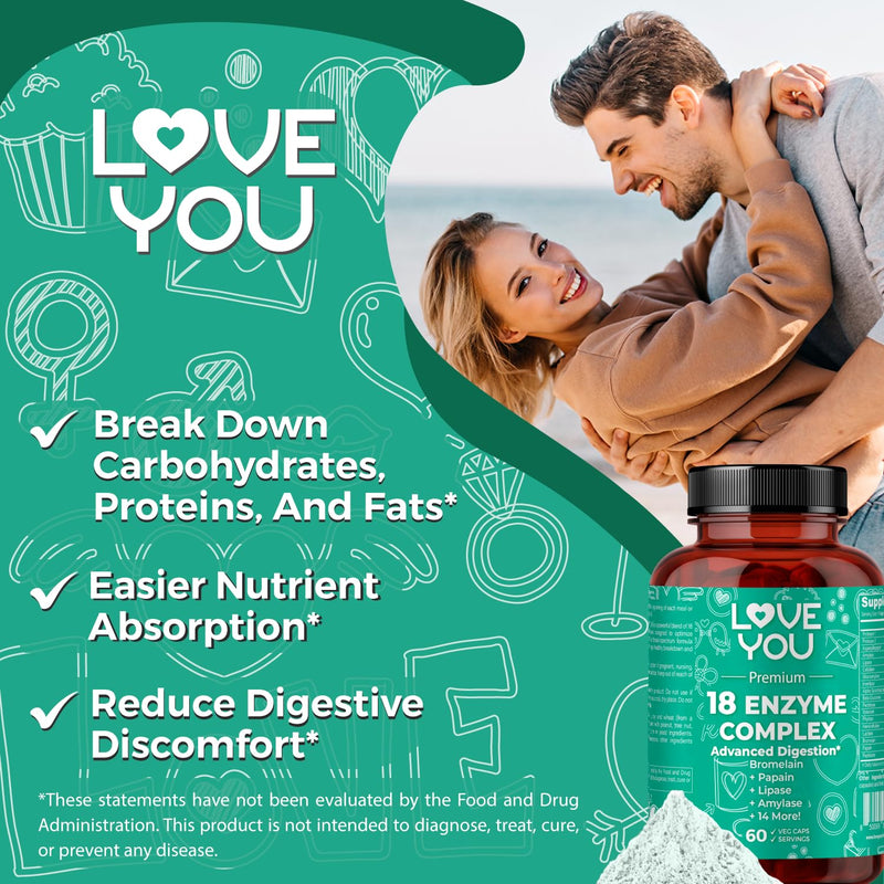 Love You 18 Enzyme Complex – Broad Spectrum Digestive Support with Amylase, Bromelain and Papain – Promotes Nutrient Absorption and Healthy Digestion, 60 Veggie Capsules