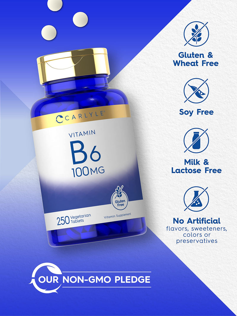 Carlyle Vitamin B6 100mg | 250 Tablets | Pyridoxine Hydrochloride Supplement | Vegetarian, Non-GMO & Gluten Free