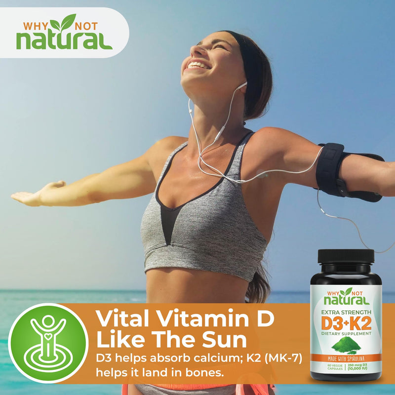 Why Not Natural Vitamin D3 K2 (MK-7) with Spirulina, 10000 IU Extra Strength Supplement in Veggie Capsules, Supports Bone Health, Immune System and Mood