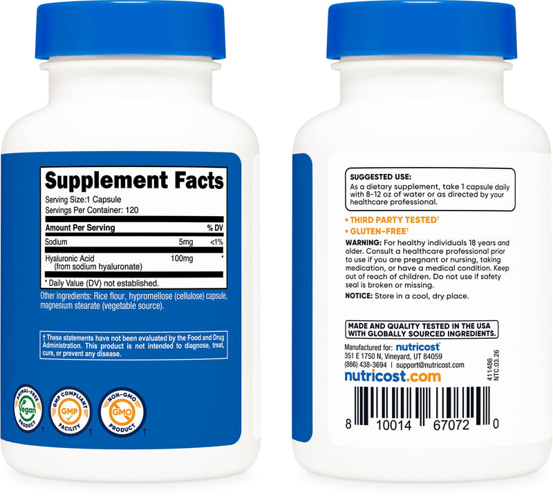 Nutricost Hyaluronic Acid Capsules 100mg,120 Vegetarian Capsules - Gluten Free, Non-GMO (Pack of 2) 120 Count (Pack of 2)