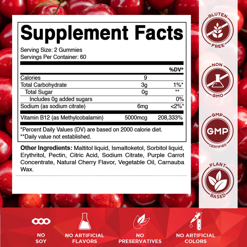Vitamatic 2 Packs Extra Strength Vitamin B12 5000 mcg (Methyl B12) Gummies - 120 Count - Energy Metabolism Support and Nervous System Health Support, Natural Cherry Flavored | Extra Strength, Energy Metabolism Support and Nervous System Health Support*...