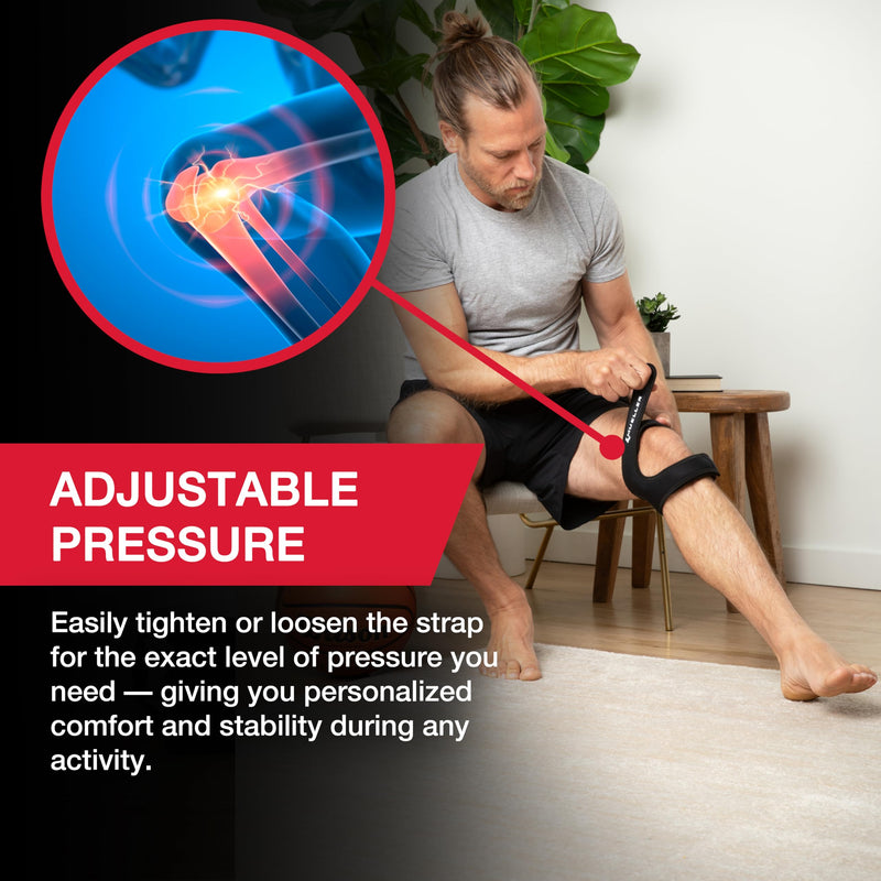 MUELLER Sports Medicine Adjustable Max Knee Single Strap for Men and Women, Compression & Pain Relief Support for Osgood-Schlatter's, Runner's Knee, Patellar Tendinitis, Black Large/X-Large - BeesActive Australia