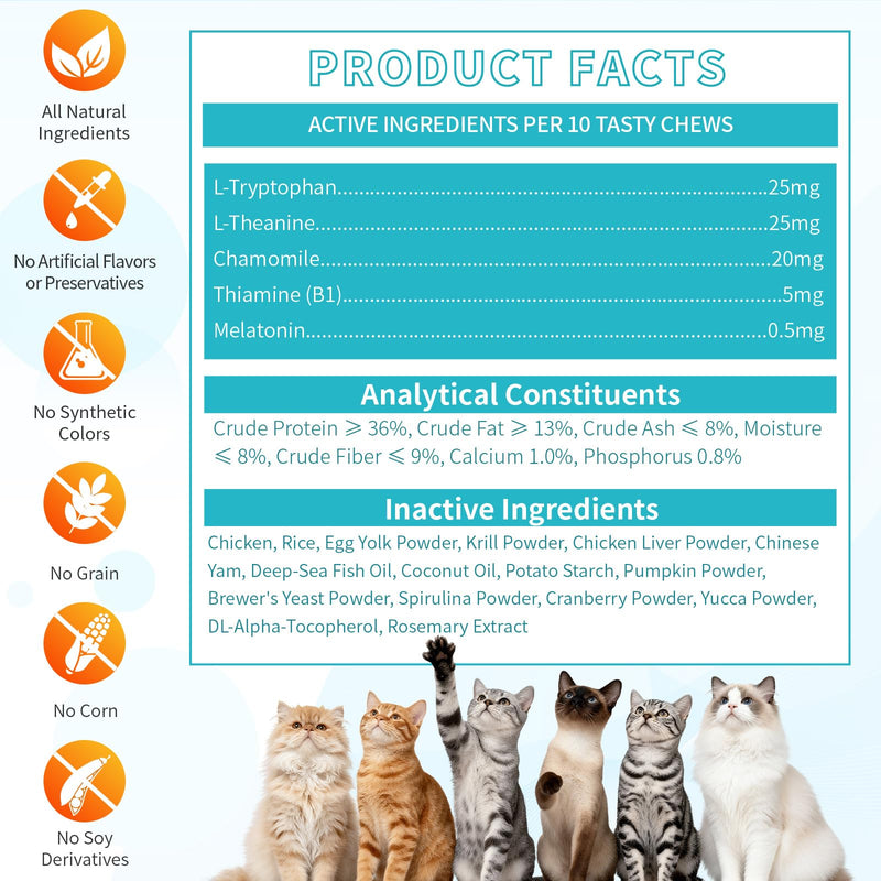 Cat Vitamins & Calming Treats, Cat Multivitamin & Calming Support with Taurine, Melatonin, L-Theanine for Stress, Mood, Skin, Immunity & Daily Wellness, Chicken & Krill Flavor
