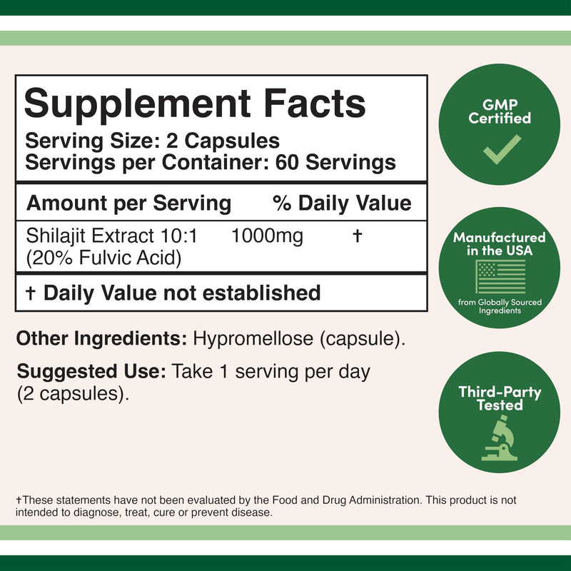 Shilajit Pure Himalayan Capsules (20% Fulvic Acid Supplement) 1,000mg of Authentic Shilajit Extract per Serving, 120 Count (High in Trace Minerals, No Fillers) by Double Wood - BeesActive Australia