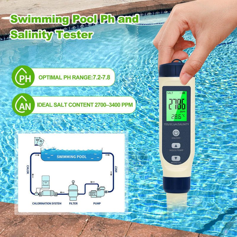 Pious PH Tester Digital, 5 in 1 PH Meter for Water/Salinity Meter/tds/ec/Thermometer, Pool Salt Tester with Constant Temperature Compensation, Suitable for Drinking Water Swimming Pools Aquariums Blue - BeesActive Australia