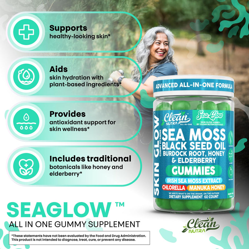 Clean Nutra Sea Moss Gummies Black Seed Oil Chlorella Ashwagandha Root Hair Growth Skin Glow Irish Sea Moss Elderberry Burdock Manuka Honey Trace Minerals Detox 60 Gummy Vitamins Sea Glow Supplement