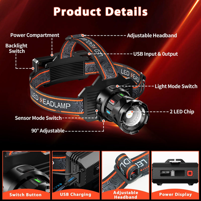 Foleto Rechargeable Headlamp 900 Lumens, LED Head Lamp Super Bright with Motion Sensor, Dual Chips Warm and Cold Light, 6 Light Modes, IPX6 Waterproof, LED Headlight for Adults Hiking Camping