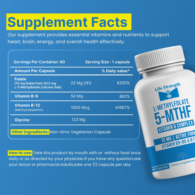 L-Methylfolate 15mg + Vitamin B Complex - 5-MTHF, B6 & B12 Methylcobalamin - 60 Capsules - Professional Strength Active Methyl Folate - Non GMO, Gluten Free, No Fillers (2-Month Supply)