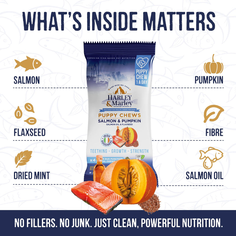 Harley & Marley Puppy Duo Function Health Chews - Soft Puppy Teething Chews with Salmon, Pumpkin, Salmon Oil & Flaxseed - Natural Treats for Growth & Healthy Teeth & Gums - 4pk (4/pk) Pack of 4