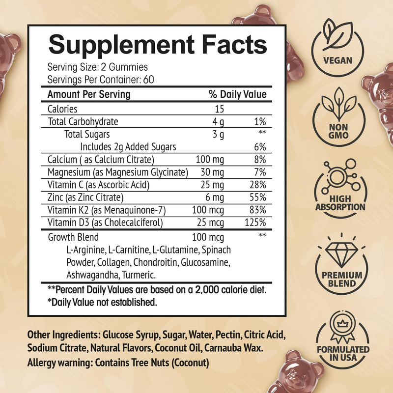 Height Growth Increase Vitamin Gummies, Calcium 100mg, Magnesium Glycinate 30mg, Zinc, Ashwagandha, Vitamin K2 D3 25mg Grow Tall Supplement, Multivitamin for Kids, Teens Boy & Girl, Teen Boy Vitamins 120 Count (Pack of 1)
