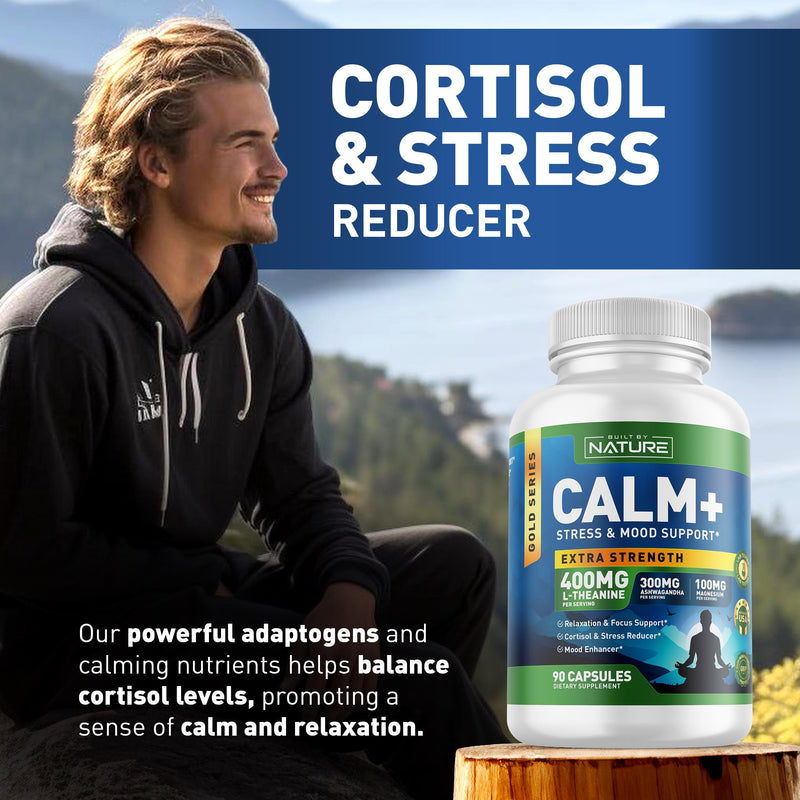 Built by Nature Calm+ Relaxation & Focus Supplement, 90 Capsules Stress, Cortisol & Mood Support, L-Theanine, Ashwagandha, Magnesium Glycinate, Vitamin D3
