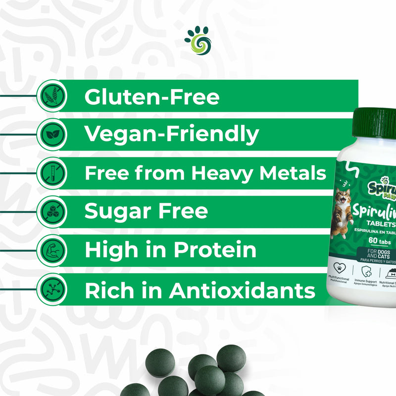Spirulina Tablets for Dogs & Cats, Plant-Based Microalgae Pet Supplement, Easy Daily Tablet Format, Supports Daily Wellness + Skin & Coat, 60 Count Tablets 60 count