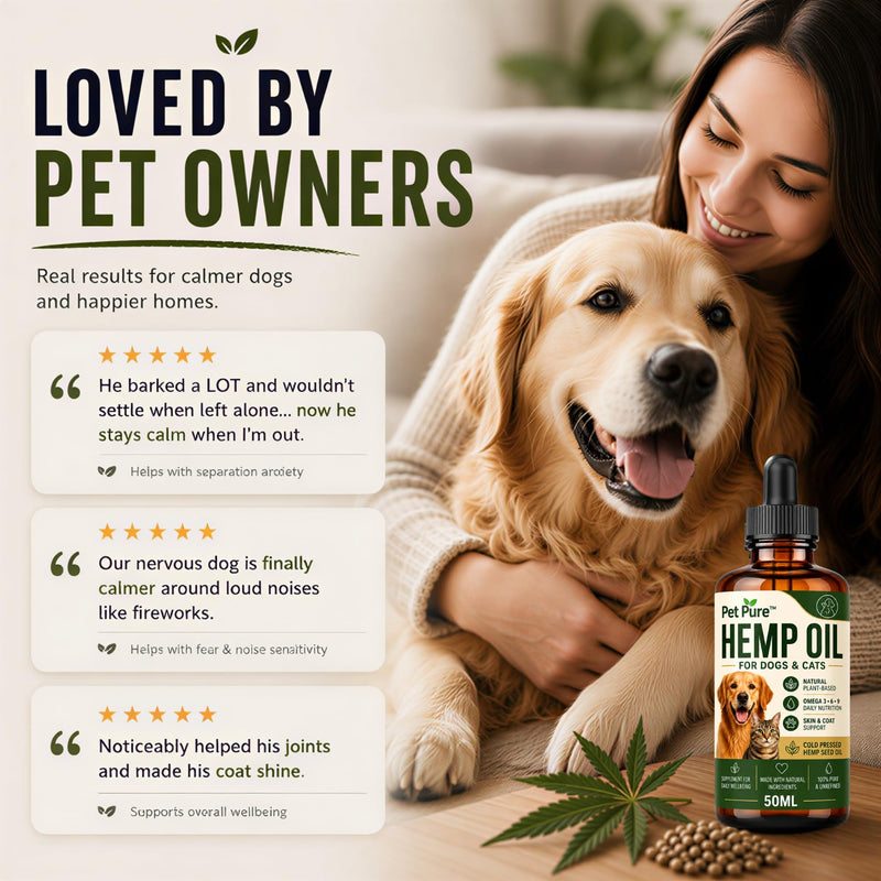 Hemp Oil for Dogs & Cats – Pet Pure™ 50ml – Hemp Oil for Dogs UK – Helps Support Calm Behaviour, Skin, Coat & Joint Health – Plant-Based Omega 3, 6 & 9 Supplement