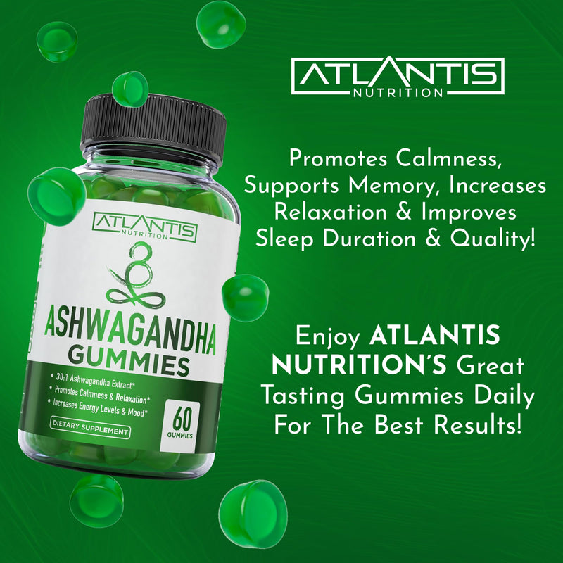 Atlantis Nutrition Ashwagandha Gummies - Ashwagandha Extract 30:1 - Promotes Calmness, Improves Mood, Boosts Energy Levels & Strengthens Immune System - Formulated w/Vitamin D & Zinc - Vegan | 60 Ct