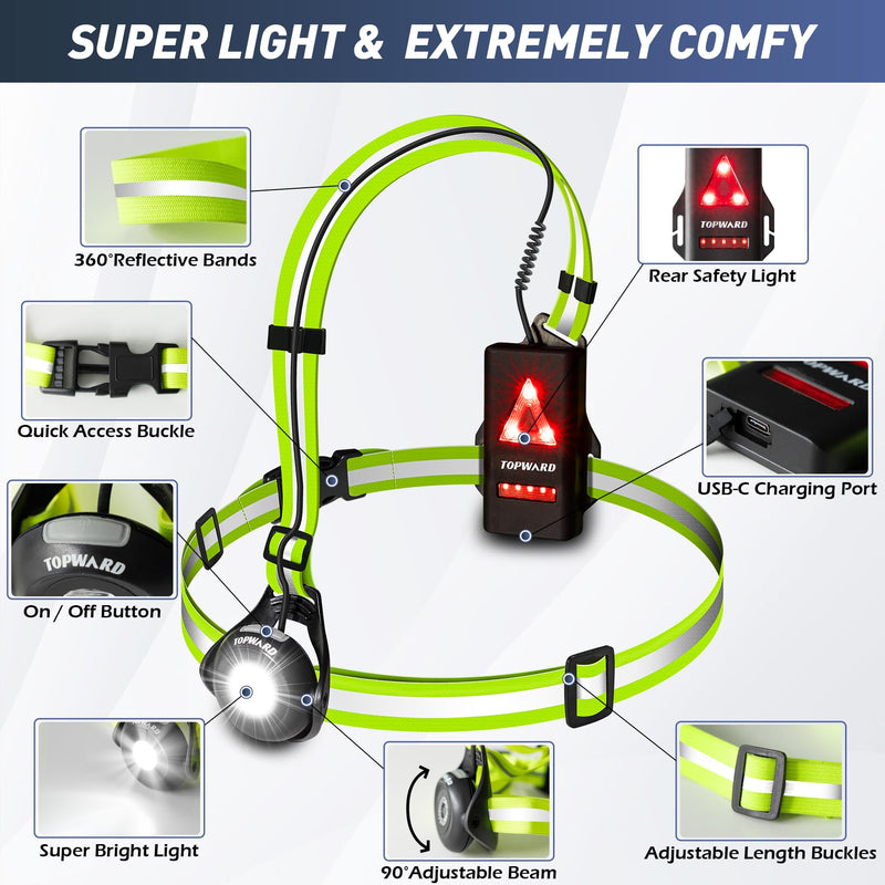 Running Lights for Runners USB-C Rechargeable, Chest Headlamp with 500 Lumen Adjustable Beam, Safety Light for Walking Dog at Night Green