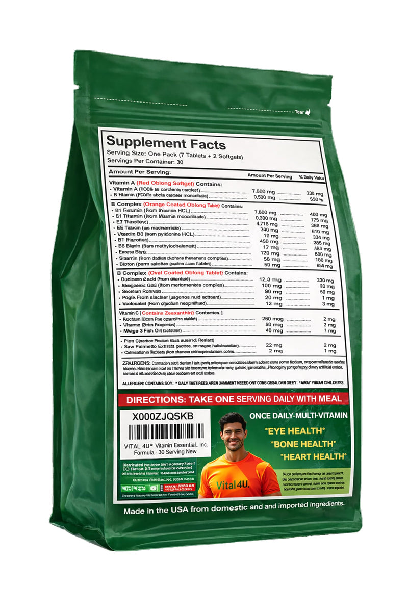 VITAL 4U Vitamin Essentials Daily Multivitamin Packs for Men and Women, 30 Servings | Essential Vitamins, Minerals, Immune Support and Energy Metabolism Support