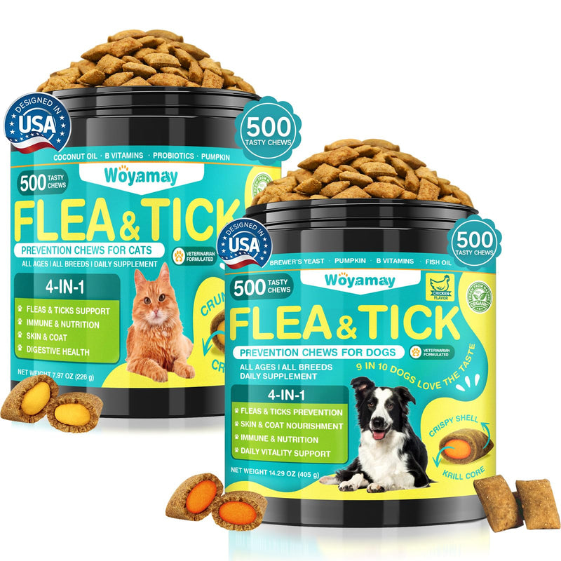 Woyamay Cat & Dog Flea and Tick Prevention Bundle, 500 Crunchy Dual-Texture Chews Each, Natural 4-in-1 Flea Defense with Skin, Coat, Gut & Immune Support, Oral Daily Flea Treatment for Cats & Dogs