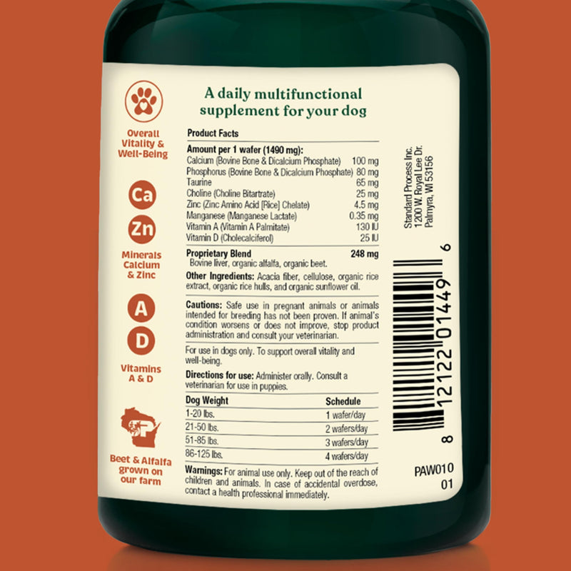 Health + Vitality for Dogs - Pet Supplement for Immune System, Coat, Liver Health & More - Dog Multifunctional Support with Choline, Calcium, Zinc, & Vitamins D and A - 90 Chewable Wafers - PawsPlanet Australia