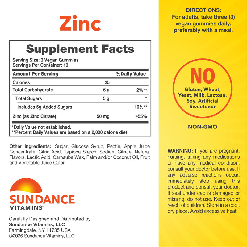 Sundance Zinc Gummies for Adults | 50mg | Mixed Berry Flavor | Vegan, Non-GMO and Gluten Free Supplement