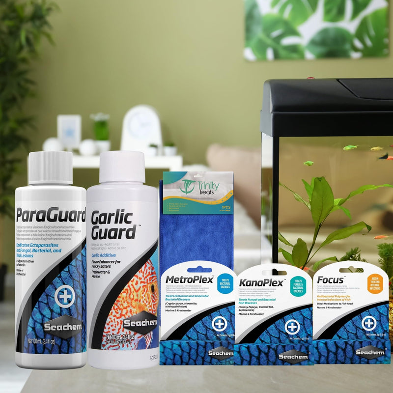 Trinity Treat ParaGuard 100ML, GarlicGuard 100ML, Focus 5g, kanaplex 5g Metroplex 5g for Freshwater and Saltwater Including Microfiber Cleaning Cloth(ParaGuard, GarlicGuard, Kanaplex Focus Metroplex) - BeesActive Australia