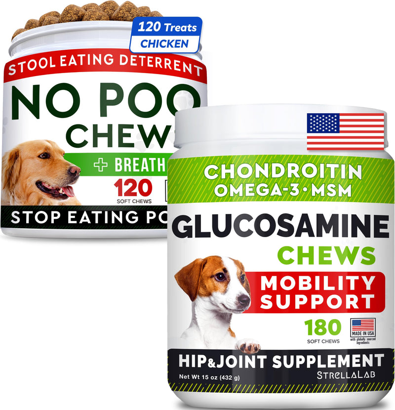 No Poo Treats + Glucosamine Treats Bundle - No Poop Eating for Dogs + Hip & Joint Care - Probiotics & Enzymes + Omega-3 Oil + Chondroitin, MSM - Coprophagia Stool Eating Deterrent + Joint Pain Relief