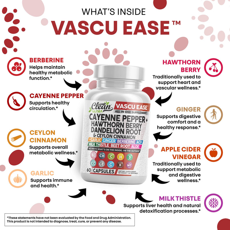 Clean Nutra Cayenne Pepper Capsules Supplement with Hawthorn Berry, Dandelion Root, Ceylon Cinnamon, Garlic, Ginger, Berberine, Apple Cider Vinegar, Milk Thistle, Beet Root, Aloe Vera Pills & More - BeesActive Australia