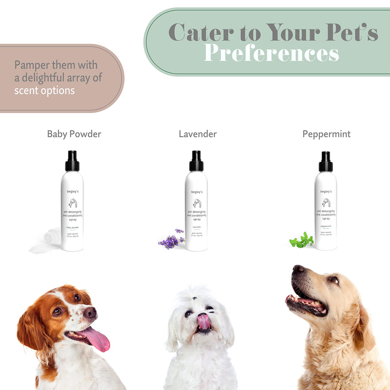Begley's Pet Detangling Spray - Premium Essential Oil Scented Detangler Spray for Dogs, Puppies & Cats - Dog Leave in Conditioner Spray - Dematting Spray for Dogs & Pets - 8 oz, Baby Powder 8 Fl Oz (Pack of 1) - BeesActive Australia