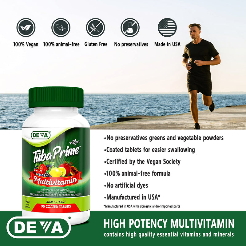 DEVA Tuba Prime Vegan Multivitamin Iron-Free - High-Potency Vitamin & Mineral Dietary Supplement - Antioxidants, Fruit & Vegetable Blend, Super Mushrooms, Probiotics, Prebiotics, Seeds, Herbs 90 Tabs 90 Count (Pack of 1)