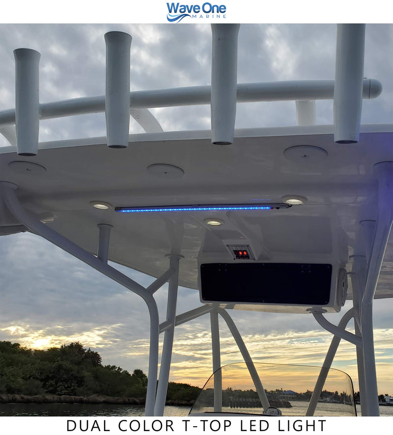 Wave One Marine Dual Color T-Top LED Light with Switch | Boat Courtesy Cockpit Helm Light | Waterproof Bar Housing | Stainless Hardware | IP68 (24" White & Blue) 24" White & Blue - BeesActive Australia