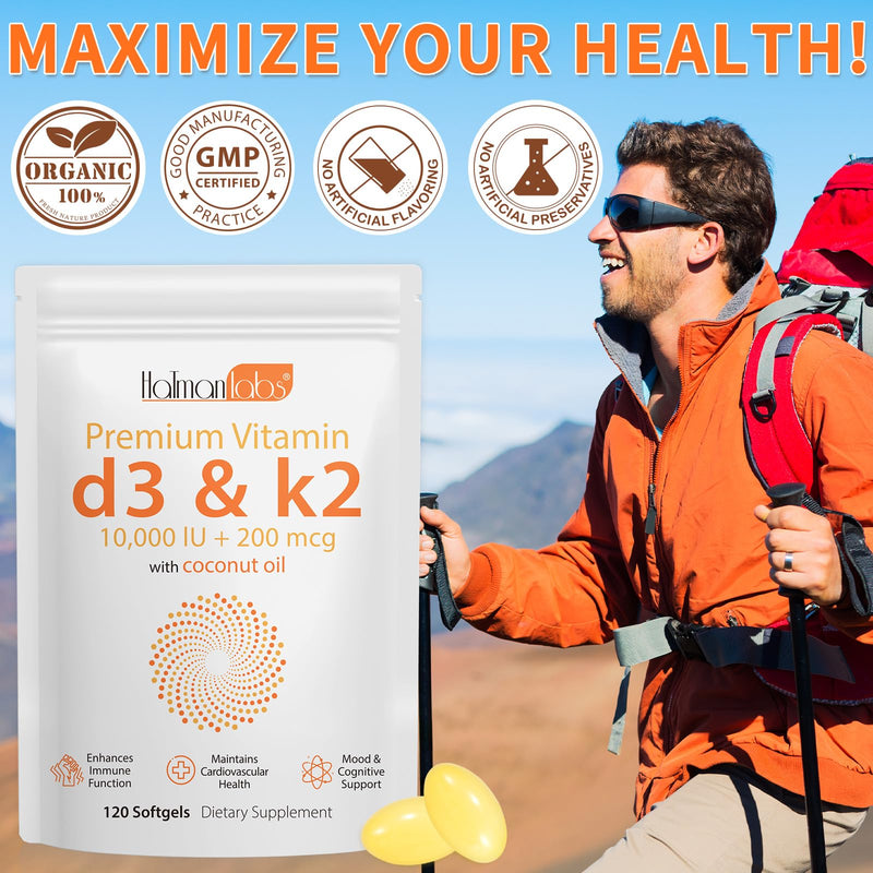 Vitamin D3 K2 Supplement Softgel, Vitamin D3 K2 Softgel with 10000 IU Supports Immune, Heart, Teeth & Bone Health, Free of GMO, Gluten, Soy, 120 Softgels 1 Bag | 60-day Supply