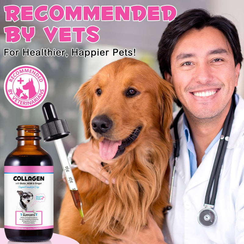 Collagen Drop for Dogs - Biotin, MSM & Ginger - Shinny Coat, Healthy Skin - Maintains Joint Health - Boost Immunity - Bacon Flavor, 60ml