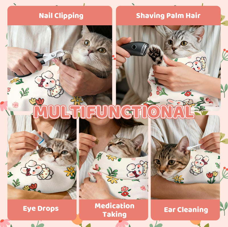 27.6" Cat Grooming Wrap for Cutting Nails, Rabbit Pattern Self-Adherent Fabric Wrap for Cats, Anti-Scratch Anti-Escape Multifunctional Cat Swaddle Tool for Teeth Brushing, Ear Cleaning L-27.6inch (within 15lbs)