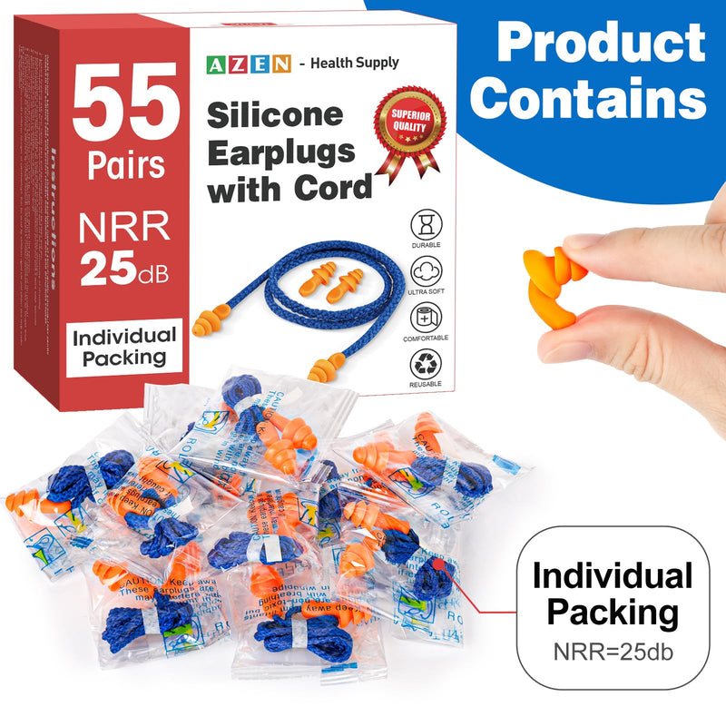 AZEN 55 Pairs Silicone Ear Plugs, Reusable Earplugs for Noise Reduction, 25dB NRR Corded Ear Plug for Sleeping Noise Cancelling, Ear Plug with String Individual Packing A-55pair