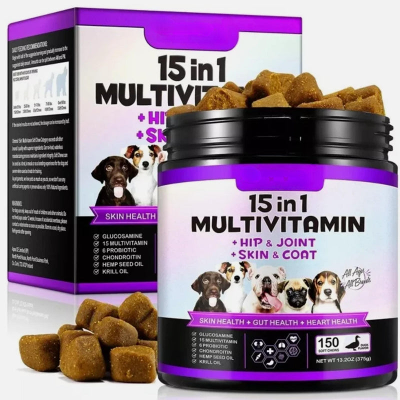 15-in-1 Multivitamin Dog Chews – Duck Flavor, Soft Treats for Hip, Joint, Skin & Coat Support, Digestive Health, Immunity & Overall Wellness – 150 Soft Chews (Pack of 1)