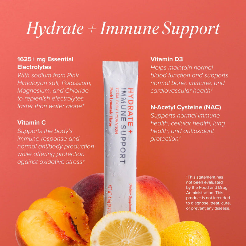Isagenix Hydrate + Immune Support with Whole-Food Sourced C, D Vitamins - Superior Hydration with 1625+ mg of Essential Electrolytes - No Added Sugar Peach Lemonade Flavor 0.2 oz Sticks 24 Servings