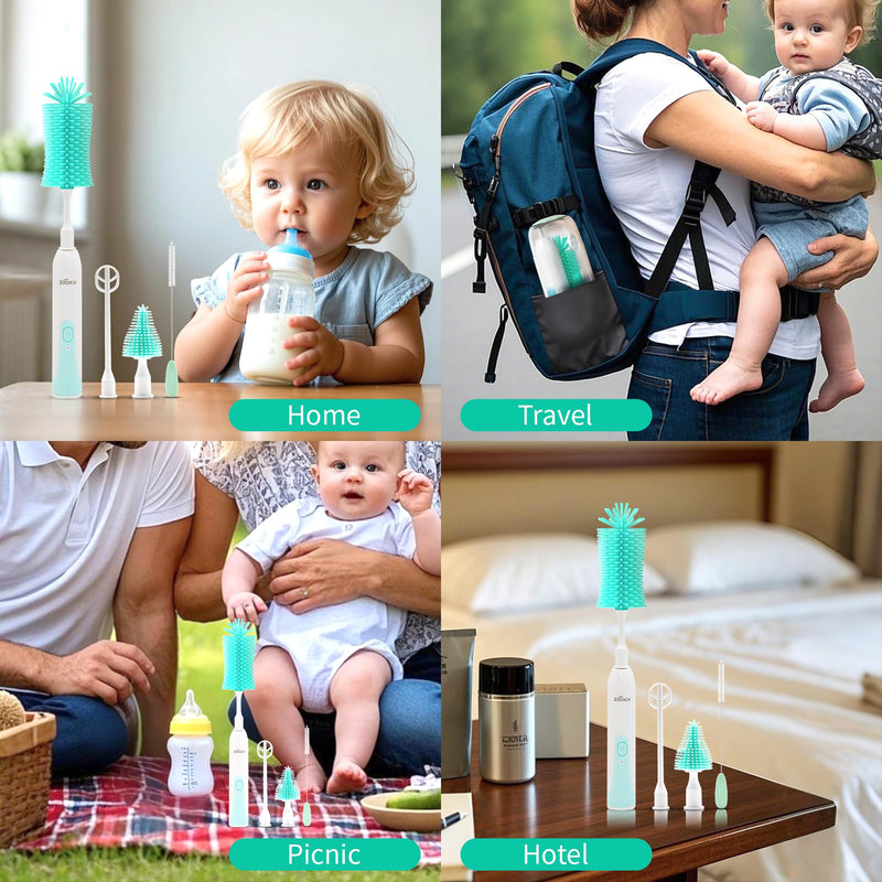 Electric Bottle Brush Cleaner, Portable Electric Baby Bottle Brush Cleaner for Travel, Rechargable Travel Bottle Cleaner Kit with Nipple & Straw Brush, Perfect Mom Essentials After Birth Gift, Green Round Model for Home Use - BeesActive Australia