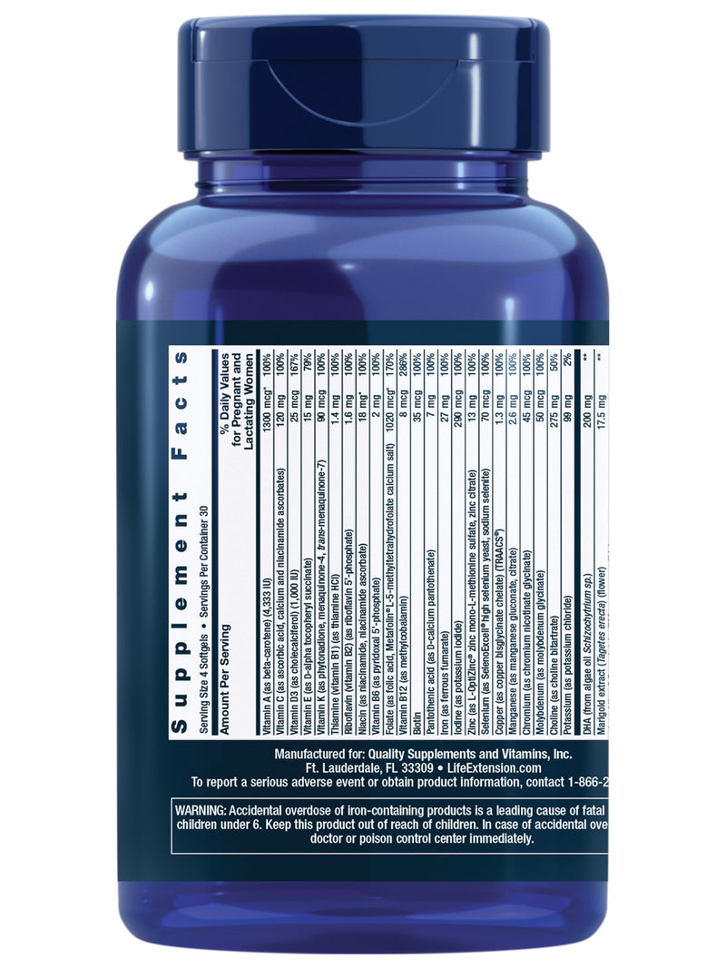 Life Extension Prenatal Advantage, Women‚Äôs multivitamin, Baby Support, folic Acid, Choline, omega-3s, Vitamin C, D3, B1, B6, B12, zinc, niacin, Gluten Free, Non-GMO, 120 softgels - BeesActive Australia